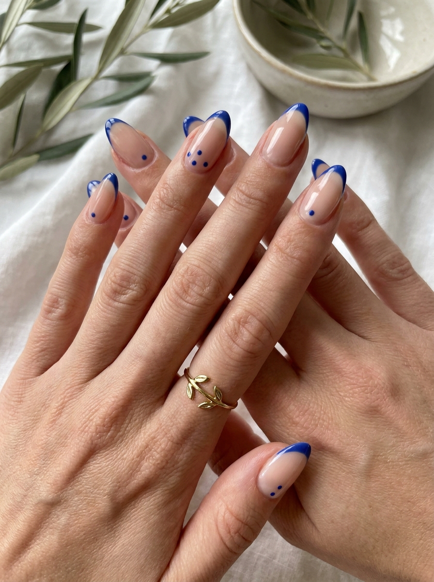 Blue Dot French Nails mit feinen blauen Punktdetails